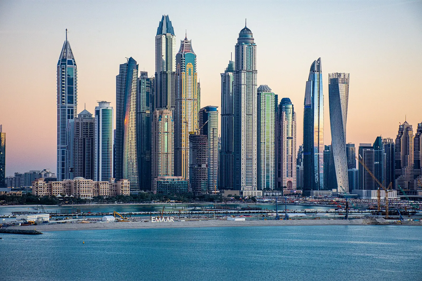 Dubai Marina towers at sunset